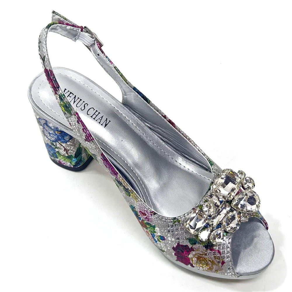 Elegant Venus Chan gold women's matching sandals and bag set with thick spike heels, size options 37-43, perfect for sophisticated occasions.