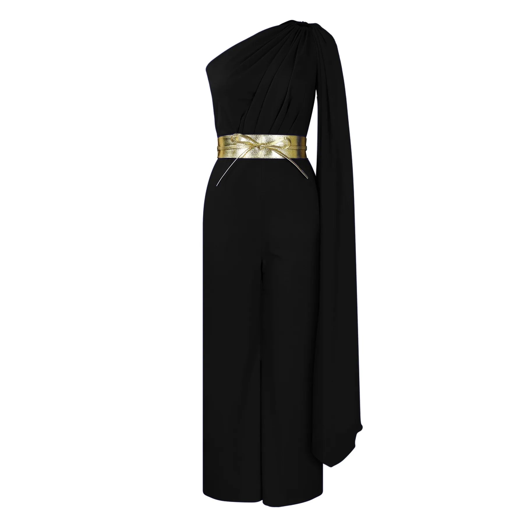 Stylish jumpsuit with an alluring one shoulder neckline and light, flowing sleeves, crafted from premium polyester for ultimate comfort and elegance.
