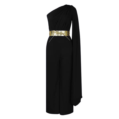 Stylish jumpsuit with an alluring one shoulder neckline and light, flowing sleeves, crafted from premium polyester for ultimate comfort and elegance.