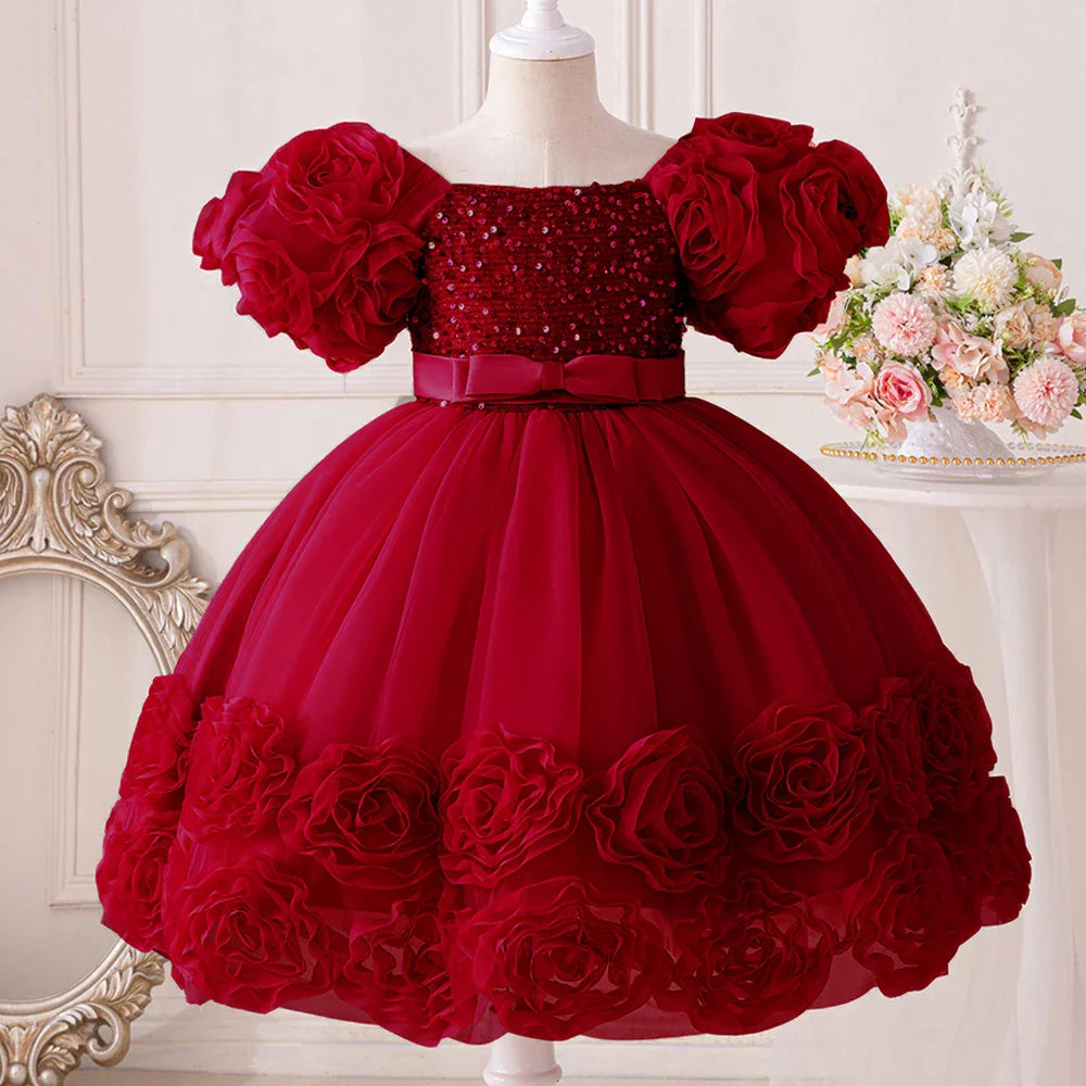 Elegant girls 3D floral party dress designed for ages 4-10, featuring a luxurious tulle gown in shades of pink, perfect for birthday celebrations and weddings.