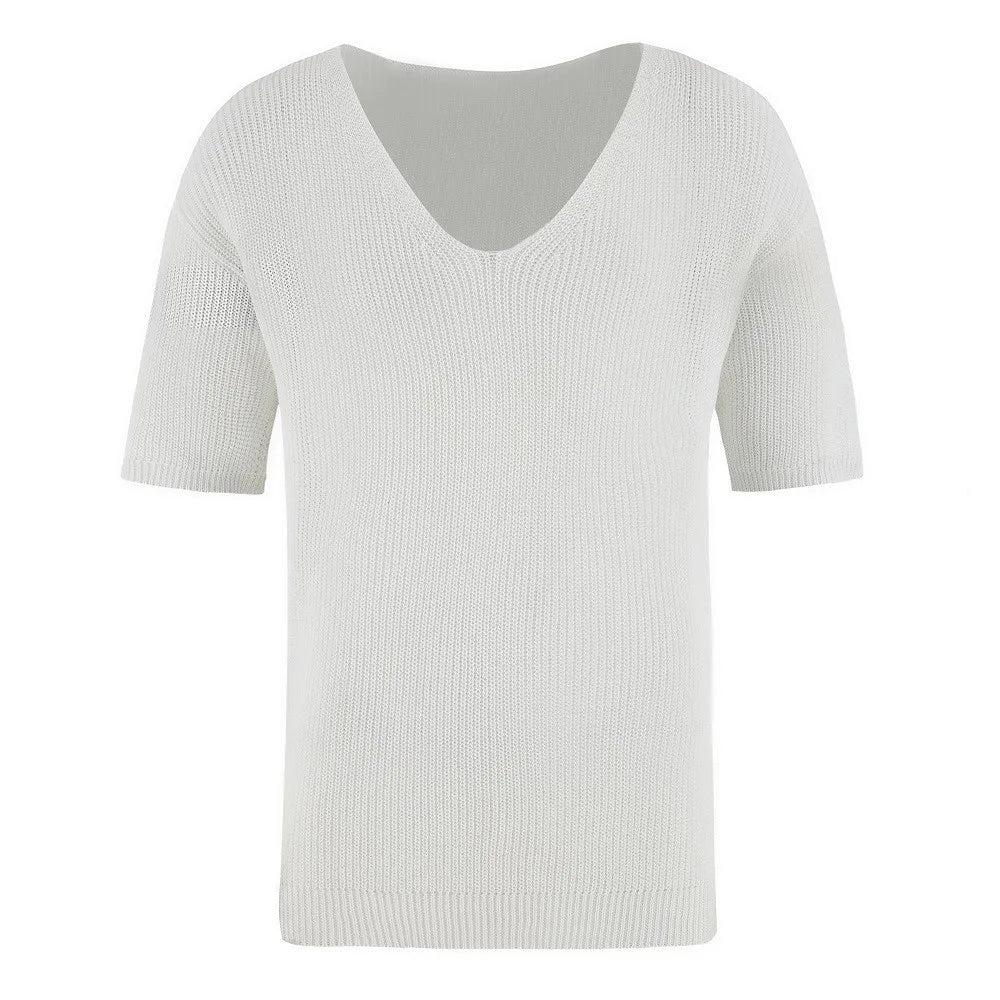 Men's luxury casual V-neck knit tops in breathable fabric, showcasing elegant short sleeves, available in classic colour options.