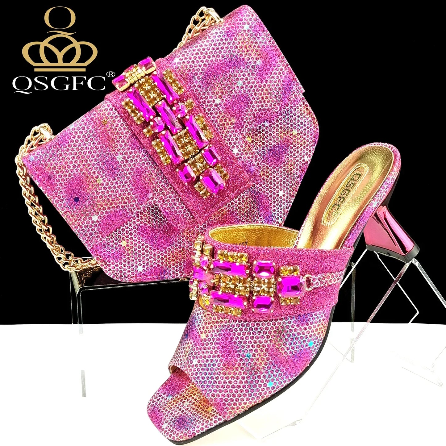 Stylish matching Gold handbag to complement QSGFC Women's High Heel Pumps, crafted with rhinestone embellishments, ideal for upscale events.