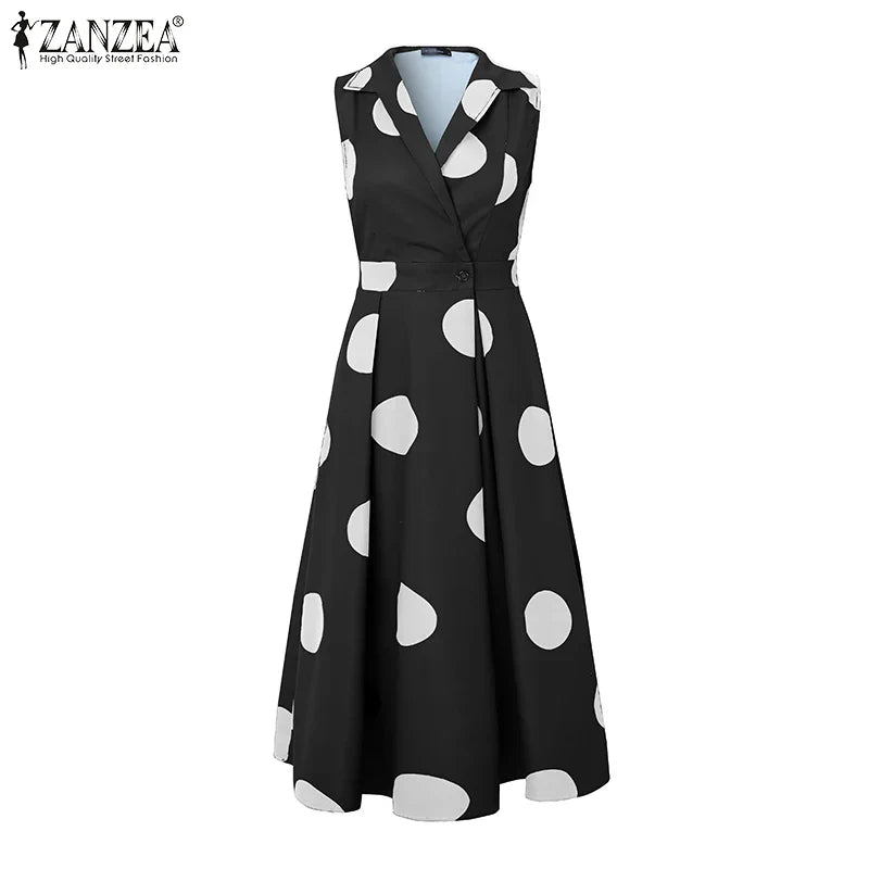 ZANZEA Elegant Polka Dot Maxi Dress for women, showcasing a sleeveless design perfect for office and holiday occasions, in a luxurious ankle-length silhouette.