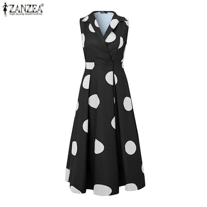 ZANZEA Elegant Polka Dot Maxi Dress for women, showcasing a sleeveless design perfect for office and holiday occasions, in a luxurious ankle-length silhouette.