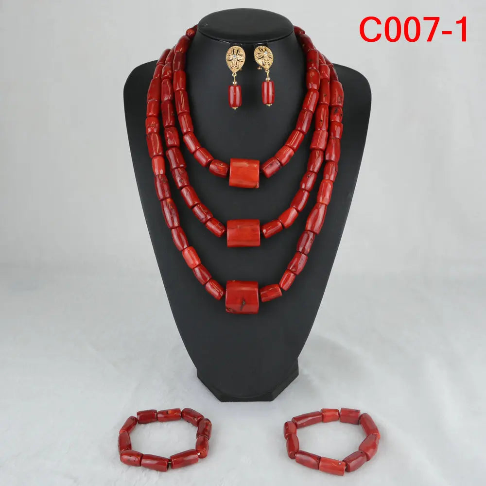 Complete Luxury Coral Bead Jewelry Set including necklace, earrings, and bracelet for weddings and upscale parties.