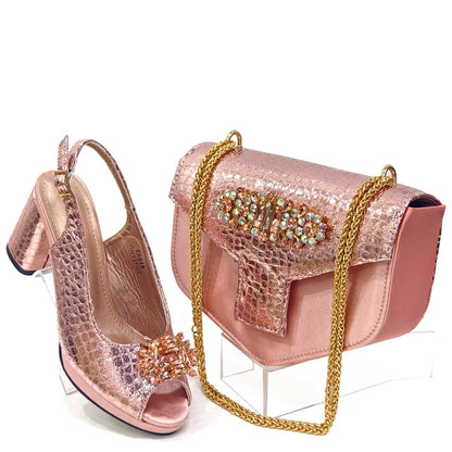 Elegant Italian matching bag set and high heel peep toe pumps adorned with bling rhinestones, ideal for party and wedding celebrations for women.