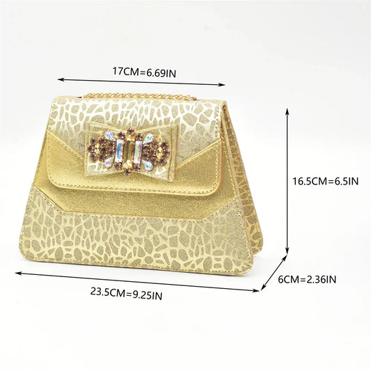 Matching gold bag set accompanying stylish Italian heels for women, designed for sophistication and elegance, ideal for parties and formal events.