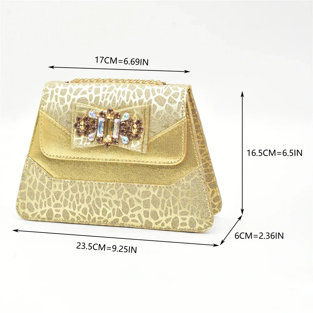 Matching gold bag set accompanying stylish Italian heels for women, designed for sophistication and elegance, ideal for parties and formal events.