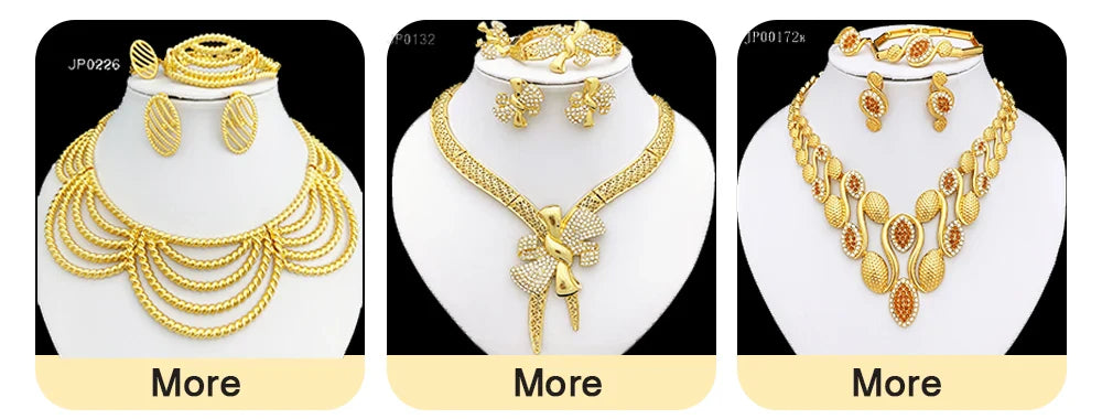 Complete 18K gold plated jewelry set for women including necklace, bracelet, earrings, and ring, epitomising luxury and elegance.