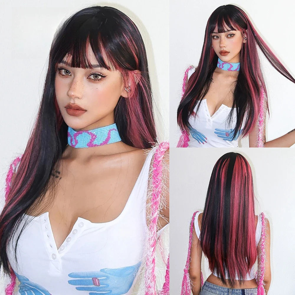 Versatile 26-inch black and red wig, designed for cosplay and daily elegance, made from high temperature fibre.