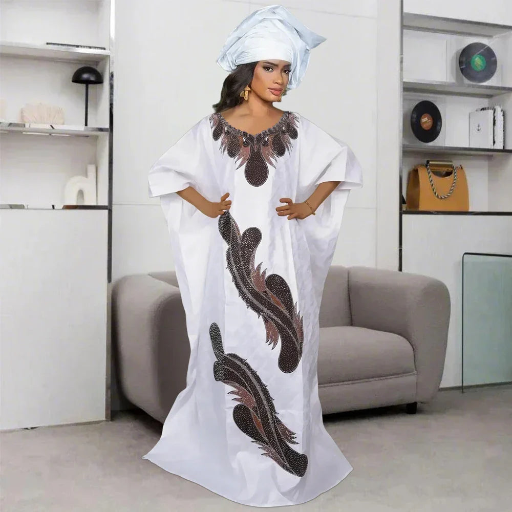 Full-body view of a stunning Traditional African Dashiki Gown for women, designed with luxurious green Ankara fabric, ideal for formal events and celebrations.