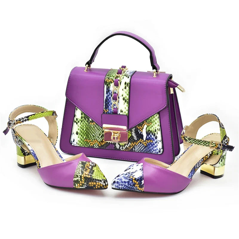 Sophisticated purple high heel pumps with square heels and matching bag, designed for elegance at weddings and parties.