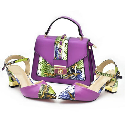 Sophisticated purple high heel pumps with square heels and matching bag, designed for elegance at weddings and parties.
