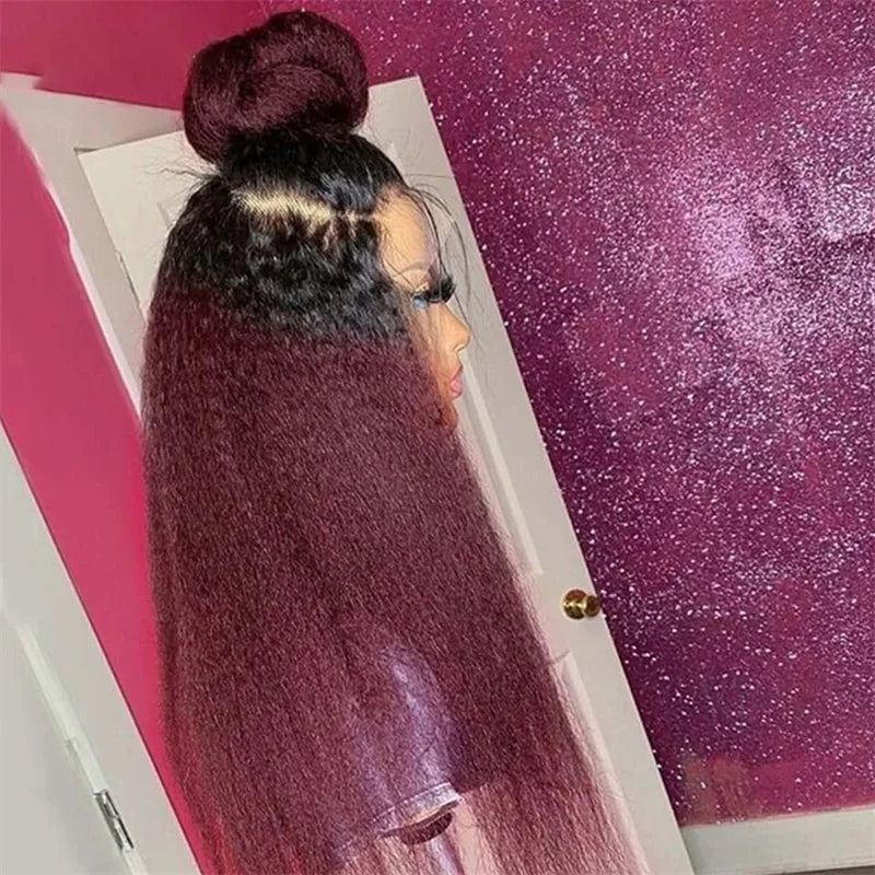 Stylish model wearing a 30" preplucked glueless kinky straight lace front wig in a beautiful ombre 99J shade, perfect for a glamorous look.