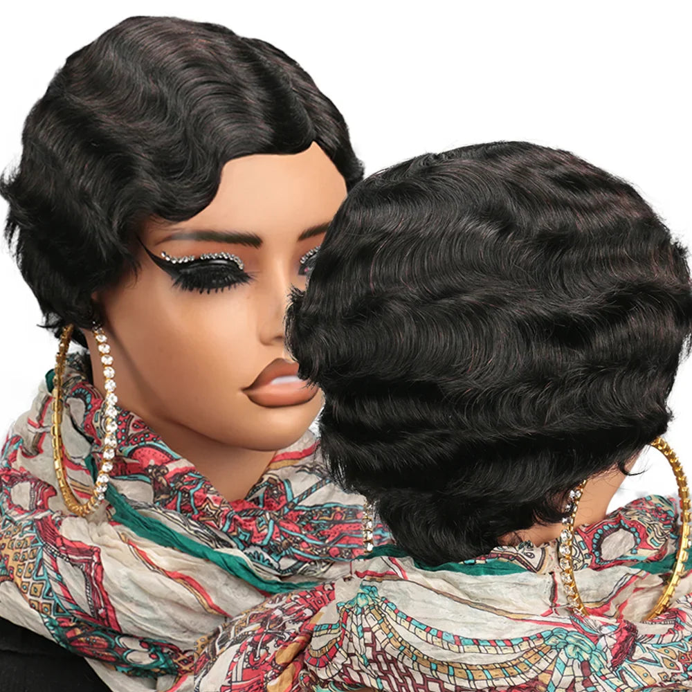 Luxury women's brown short ocean pixie wave human hair wig featuring curly Remy Brazilian hair, perfect for elegant styling.