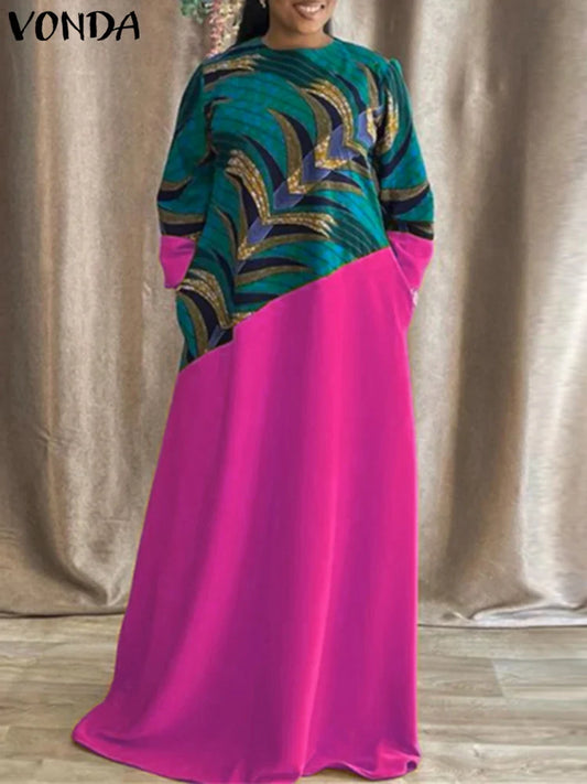 Elegant Plus Size 5XL VONDA Vintage Printed Bohemian Maxi Dress featuring long sleeves, pockets, and a loose fit, perfect for all seasons and crafted from a luxurious polyester and spandex blend.