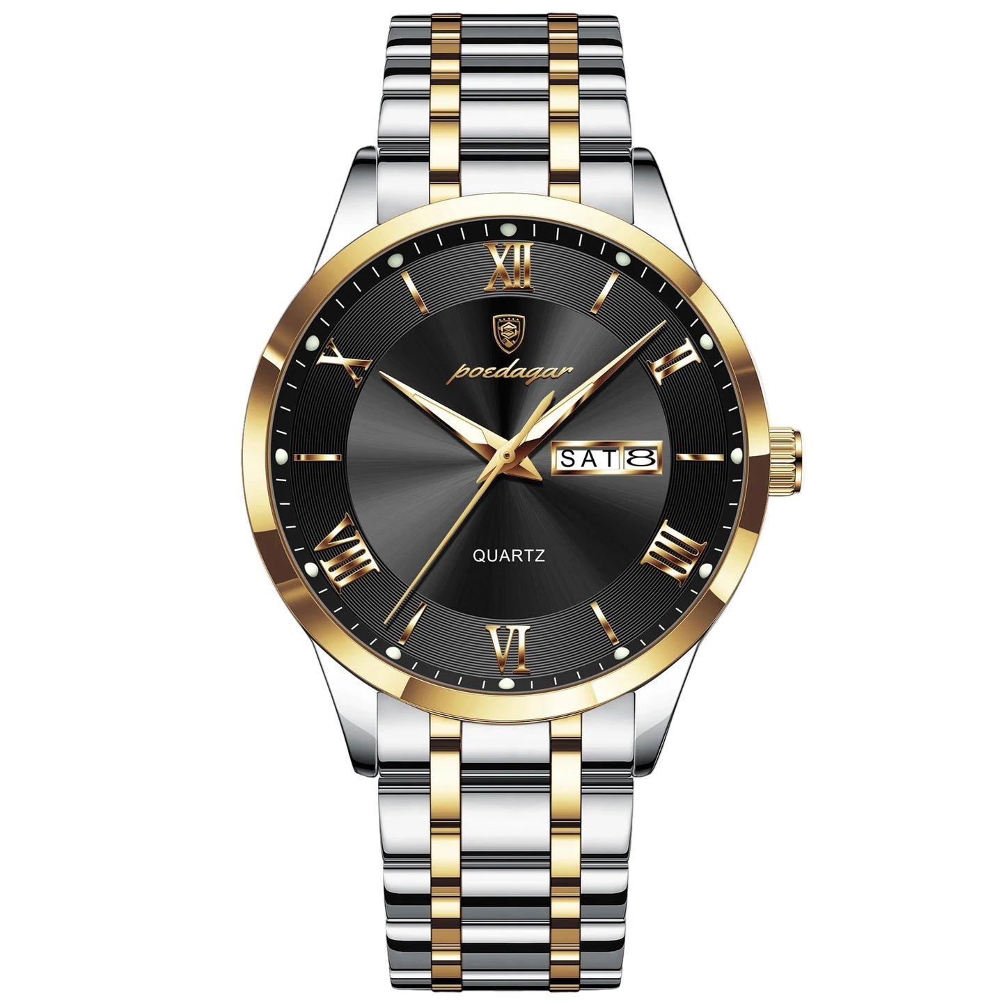 Luxury men's quartz wristwatch featuring a waterproof stainless steel design with luminous hands and week display.