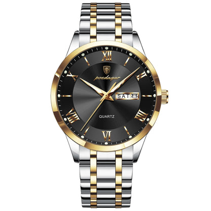 Luxury men's quartz wristwatch featuring a waterproof stainless steel design with luminous hands and week display.