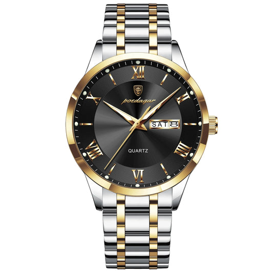 Luxury men's quartz wristwatch featuring a waterproof stainless steel design with luminous hands and week display.