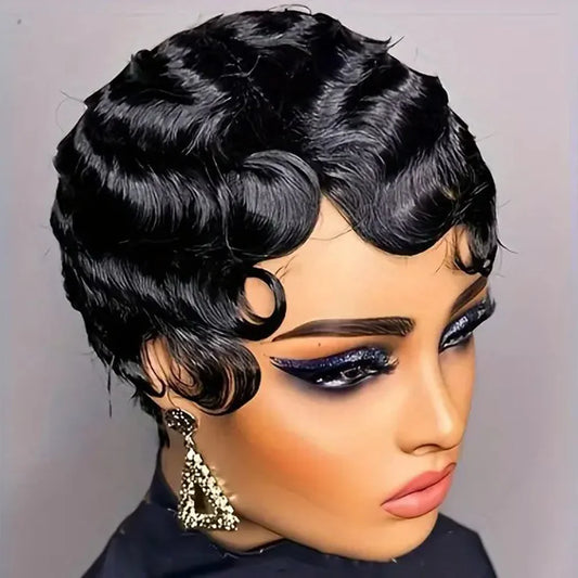 Luxury women's short brown ocean pixie wave wig made from high-quality curly Remy Brazilian human hair, showcasing an elegant and natural look.