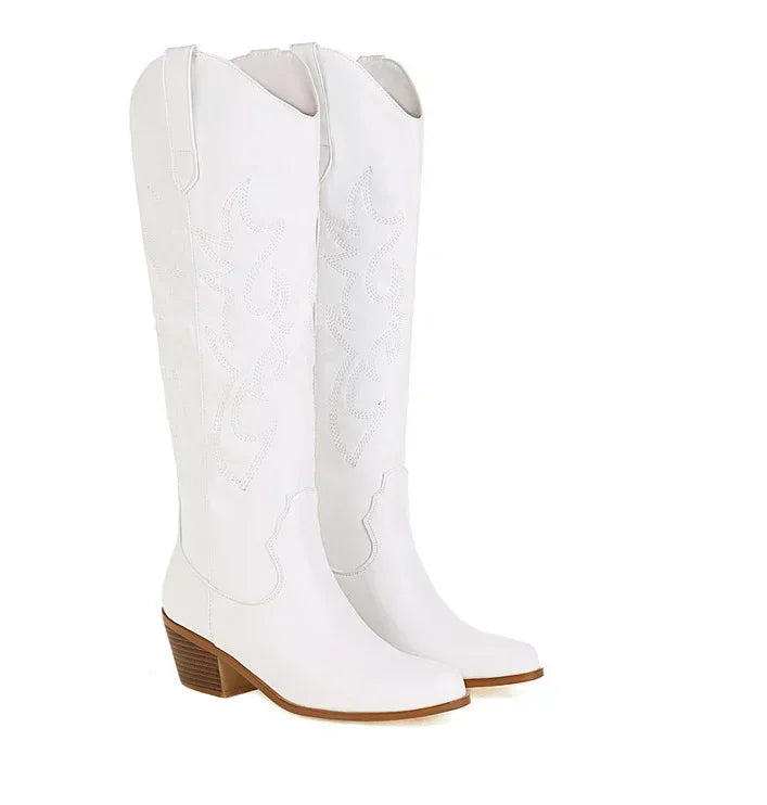 Elegant brown PU leather knee-high knight boots for women featuring a pointed toe and stylish western cowboy design, perfect for adding a touch of luxury to any outfit. Available in sizes 33-49.