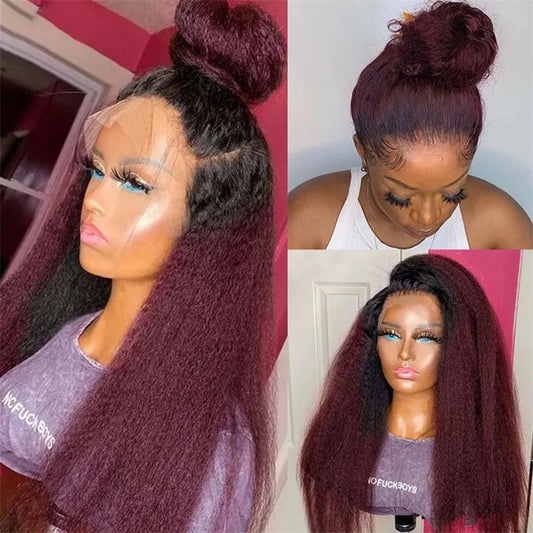 Close-up of high temperature fibre texture on a 99J ombre kinky straight lace wig, highlighting its smooth finish and natural appearance.