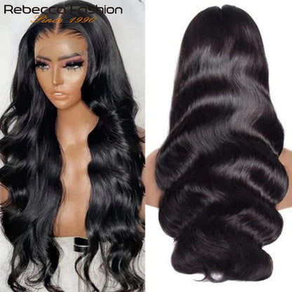 Close-up view of Luxury Body Wave Lace Front Wig featuring 18-24 inch Brazilian remy hair, highlighting its soft and luxurious waves.