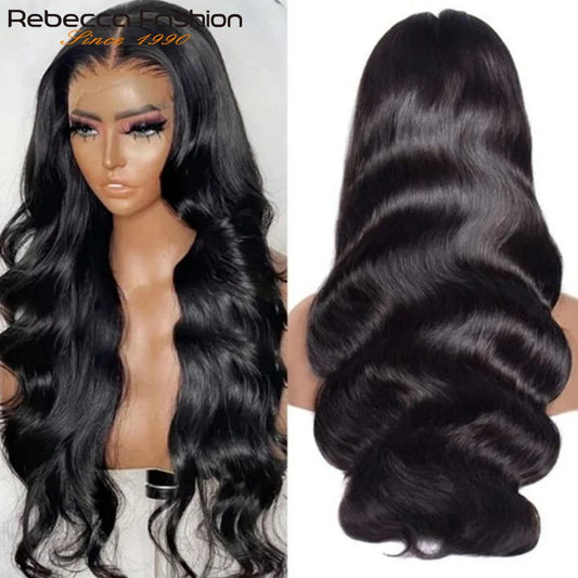 Close-up view of Luxury Body Wave Lace Front Wig featuring 18-24 inch Brazilian remy hair, highlighting its soft and luxurious waves.