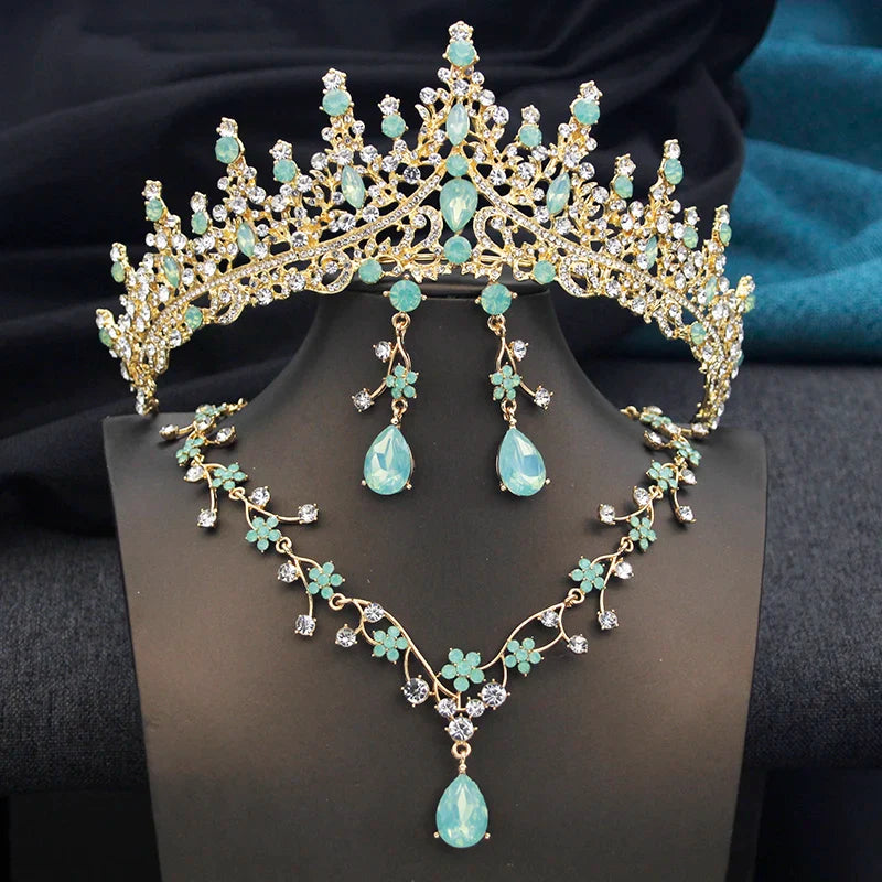 Close-up of opal green bridal tiara showcasing intricate crystal craftsmanship, ideal for weddings and special occasions.
