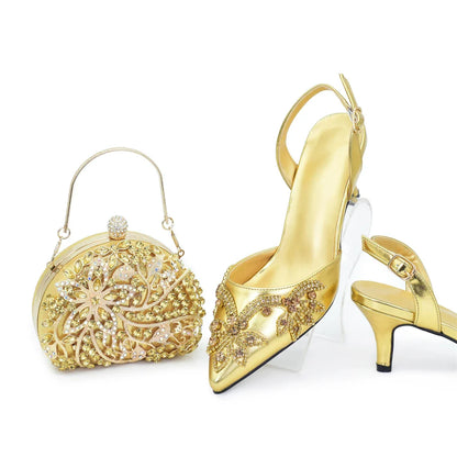 Chic coffee-coloured Italian high heel pumps and matching handbag set, designed for sophistication and elegance at celebrations, sizes 38-43.