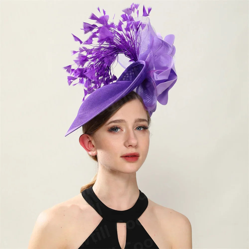 Women’s fashion fascinator hat in striking purple, ideal for cocktail parties, exuding elegance and trendsetting style.
