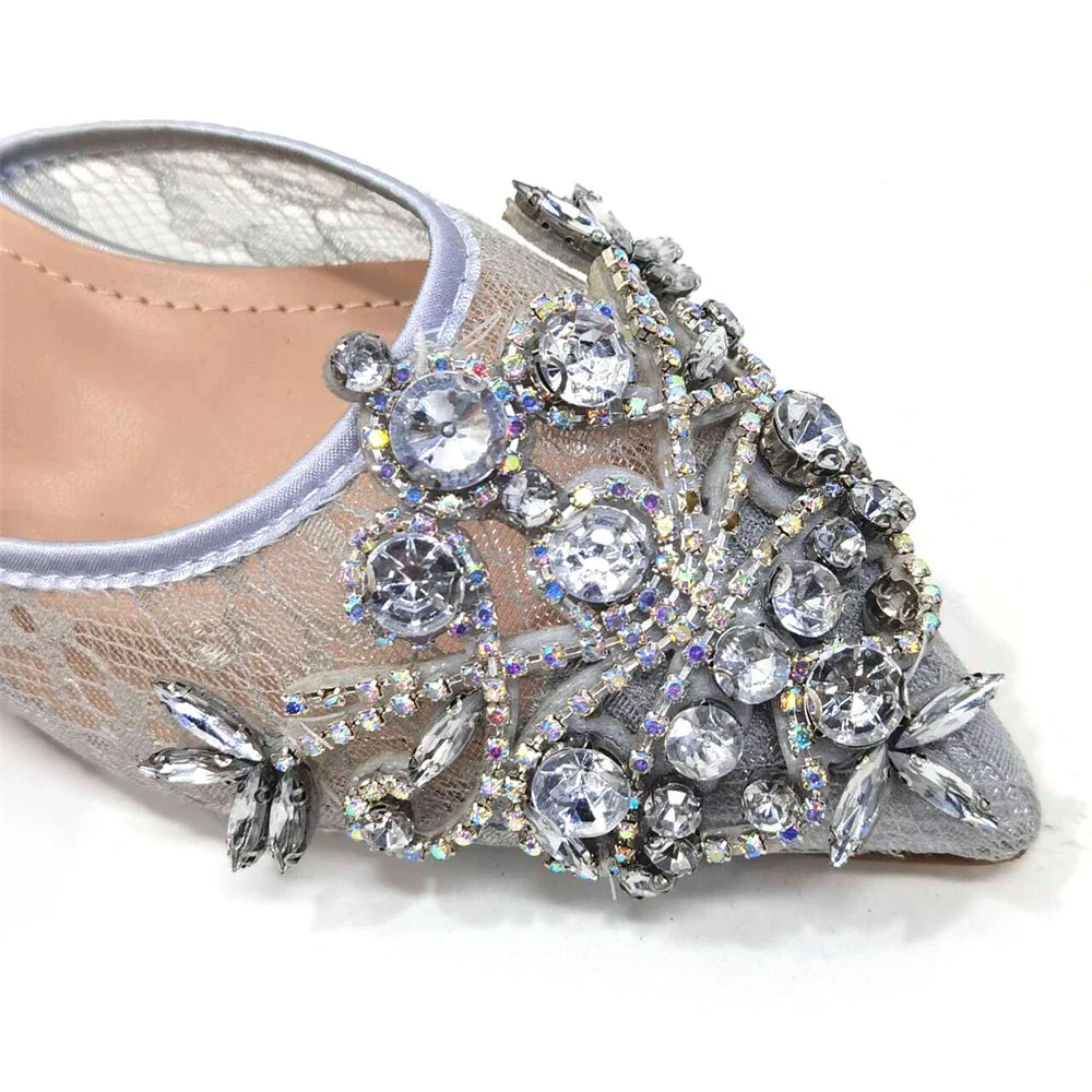 Elegant green lace low heel shoes with crystal detailing, paired with a chic mini bag set for women.