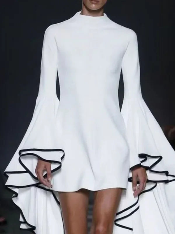 Luxurious A-line mini dress for women featuring flared sleeves, a sophisticated stand collar, and a slim fit in pristine white, perfect for autumn elegance.