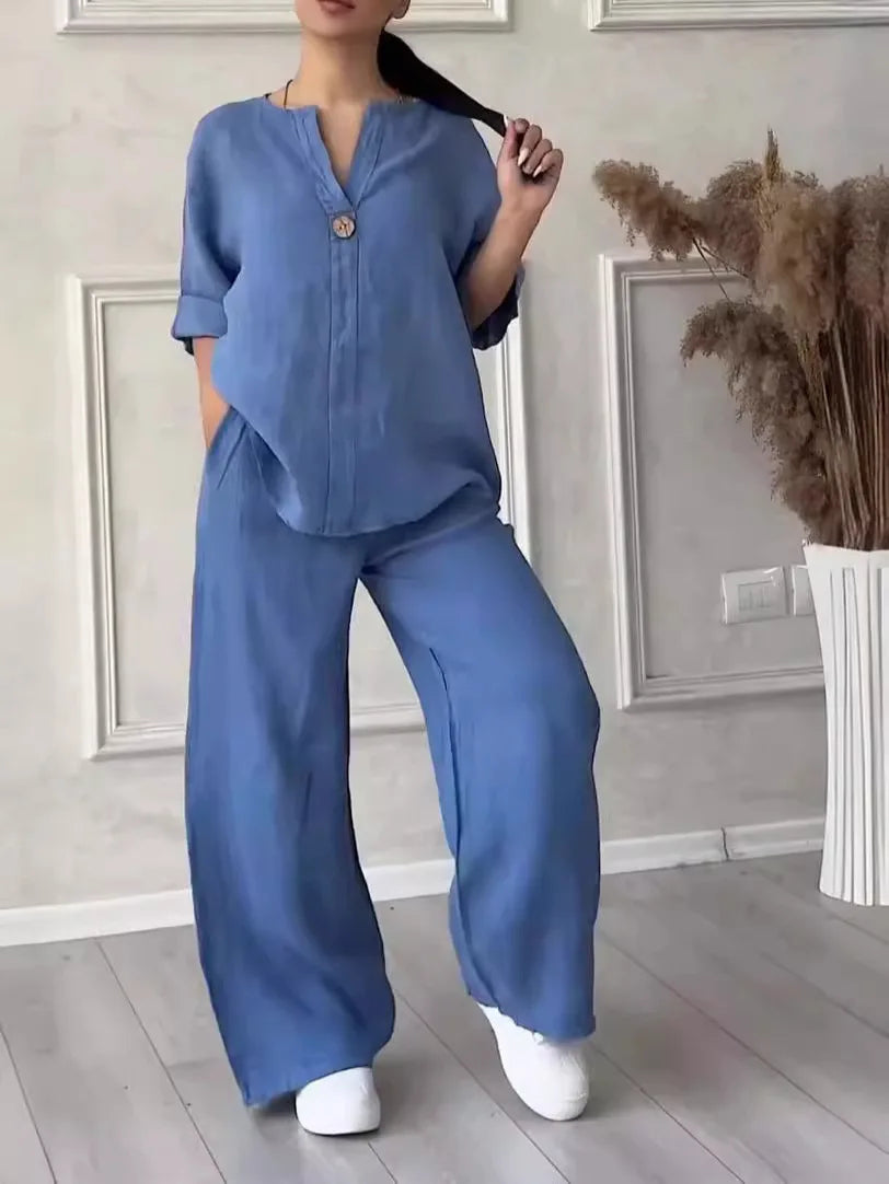Luxury cotton linen casual V-neck blouse featured in a two-piece set, showcasing elegant design and premium fabric quality.