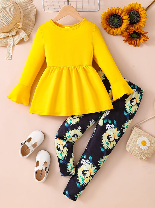 Elegant girls' spring fashion 2-piece set featuring a solid flared sleeve top and stylish printed tights, perfect for ages 4-6Y.