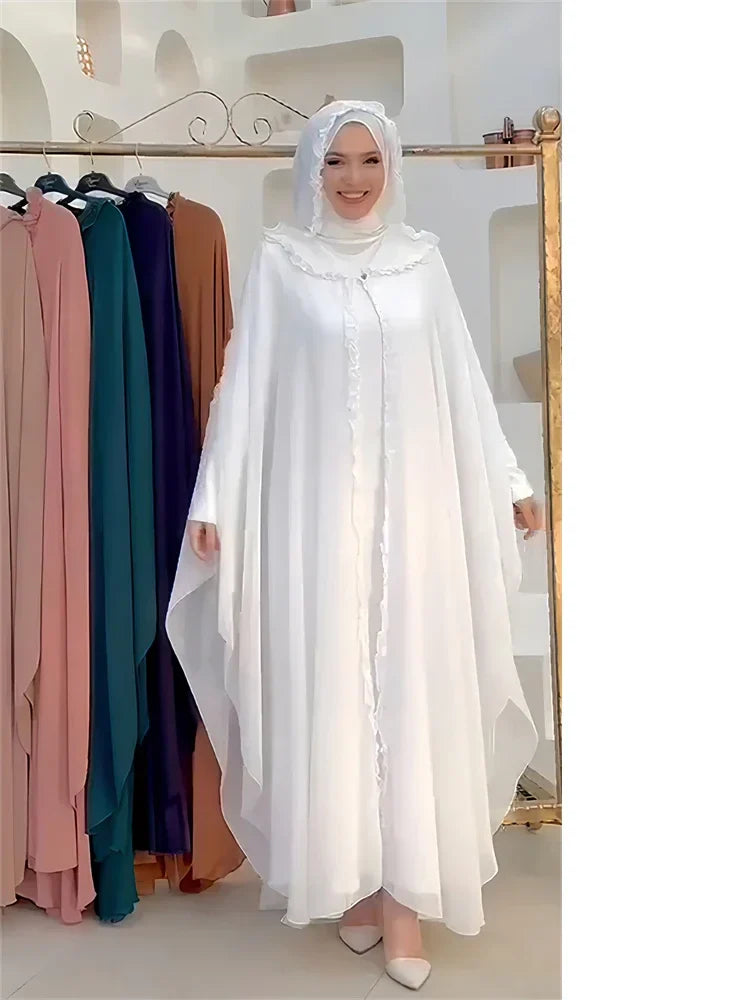 Luxury chiffon abaya set for women showcasing elegant patch designs, perfect for Islamic occasions.