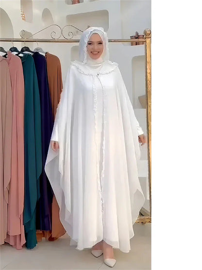 Luxury chiffon abaya set for women showcasing elegant patch designs, perfect for Islamic occasions.