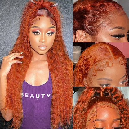 Elegant model wearing the Orange Ginger Deep Wave Frontal Wig, demonstrating its vibrant colour and luxurious texture in an upscale setting.