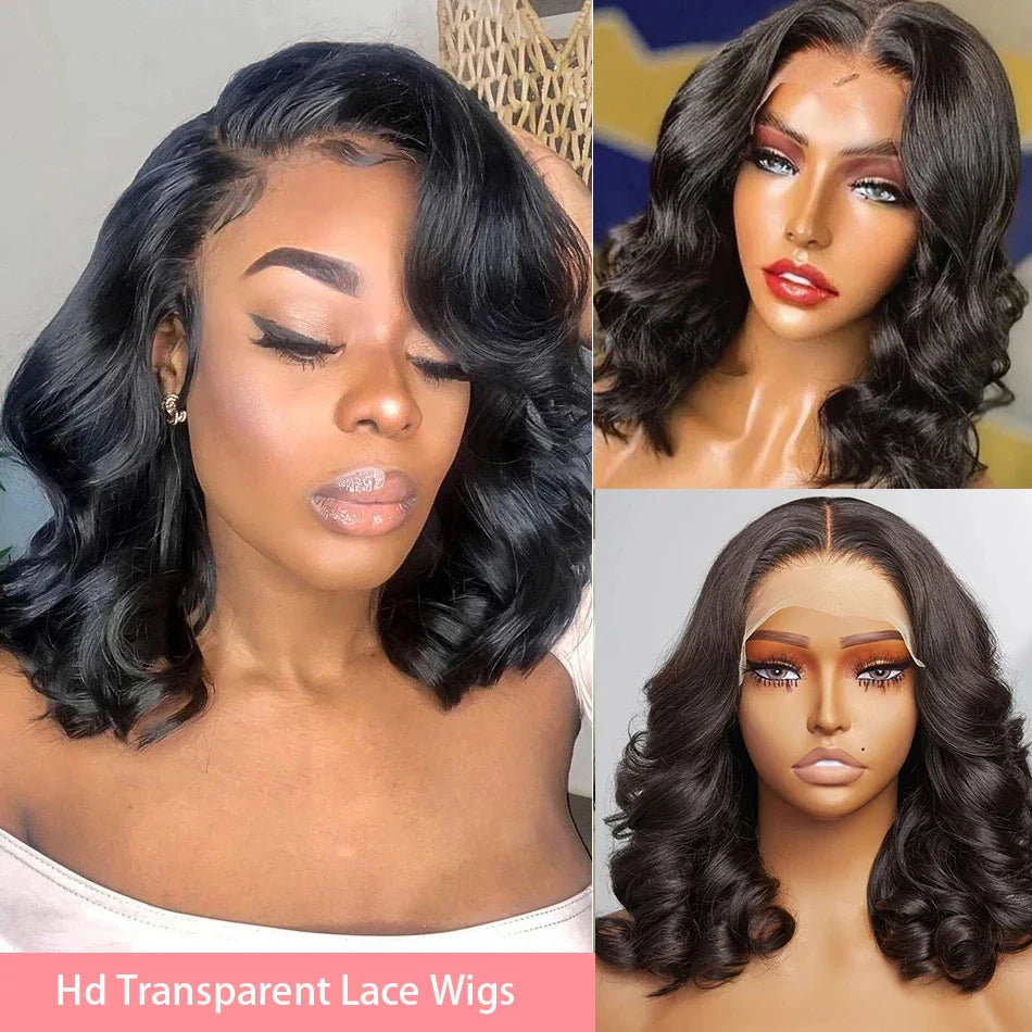 Elegant display of the 12-14 inch Luxury Lace Frontal Bob Wig, showcasing its beautiful body wave curls and flawless transparent lace.