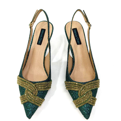 Luxury Venus Chan Champagne Rhinestone Slingback Heels for Women - Elegant pointed toe design with high spike heel, perfect for weddings and parties.