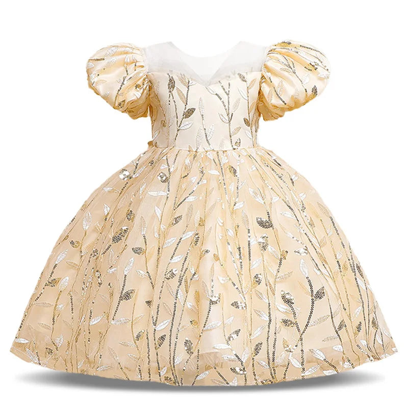 Front view of a delightful ball gown for girls, showcasing puffed sleeves and a knee-length design, perfect for creating unforgettable memories.