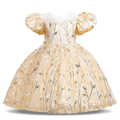 Front view of a delightful ball gown for girls, showcasing puffed sleeves and a knee-length design, perfect for creating unforgettable memories.