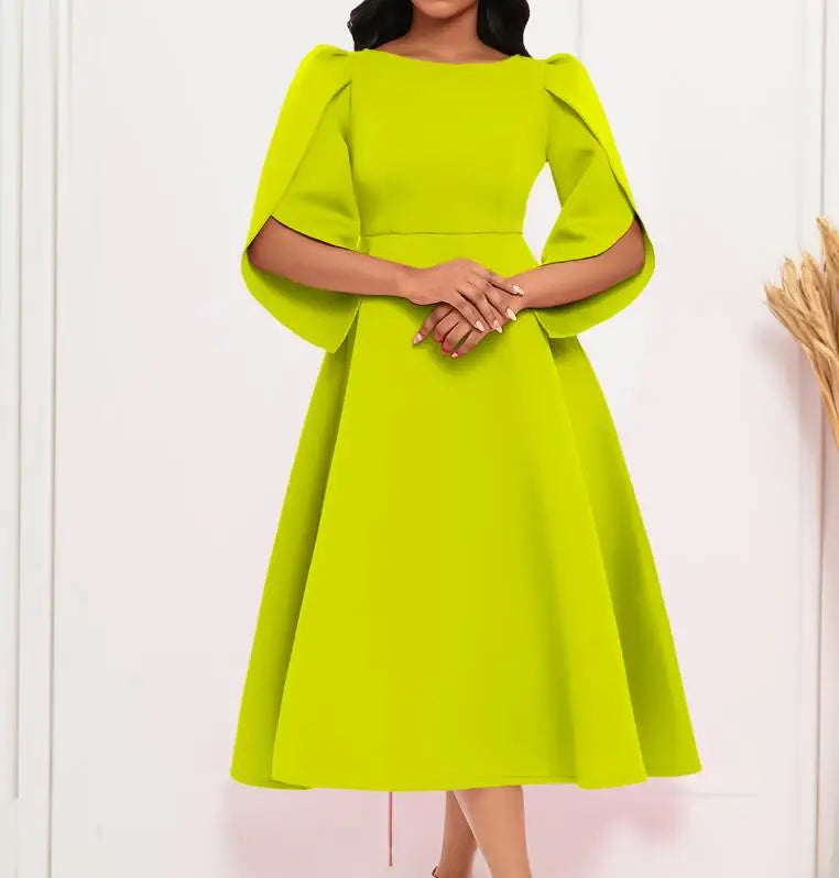 Sophisticated ankle-length evening dress for women, designed with a slight stretch for comfort, exemplifying contemporary luxury with its A-Line silhouette.