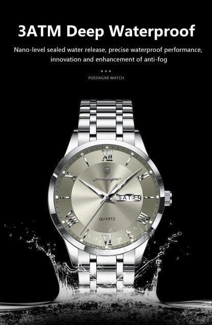 Stainless steel sports watch with week date display and luminous features, combining functionality with luxury design.