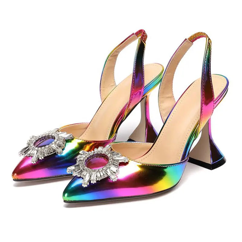 Luxurious women's wedding sandals with crystal embellishments, slip-on design, and pointed toe, perfect for adding glamour to any outfit, featuring 11cm high spike heels for an elegant lift.