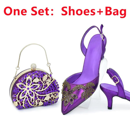 Sleek pointed toe design of elegant women's high heel shoes adorned with sparkling rhinestones, suitable for special occasions.