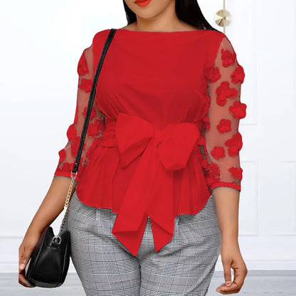 Stylish VONDA women's loose fit mesh top featuring an intricate floral design and sashes, ideal for a sophisticated summer look.