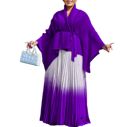 Elegant Luxury Dashiki two-piece women's traditional African outfit featuring a long sleeve V-neck top in light purple and dark purple hues paired with a matching skirt, ideal for special occasions.