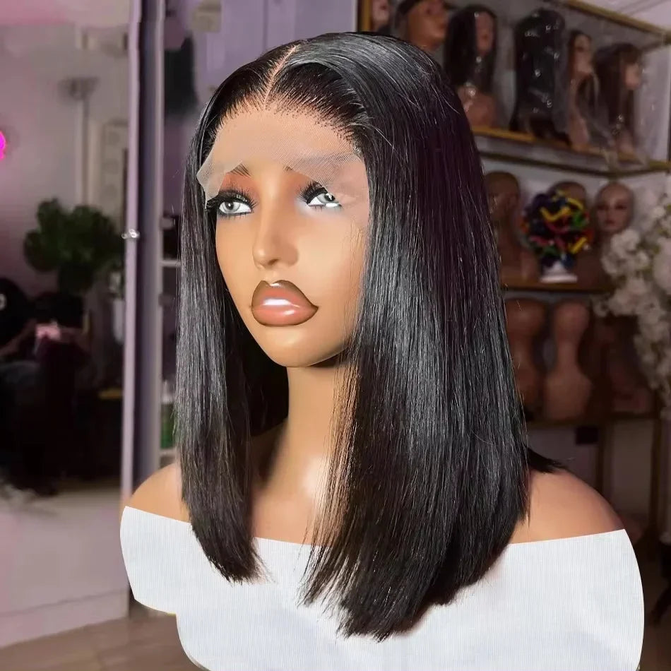 A perfectly styled 16-inch straight bob wig, demonstrating the quality of Remy human hair, offering fullness, thickness, and versatility for exquisite hairstyles.