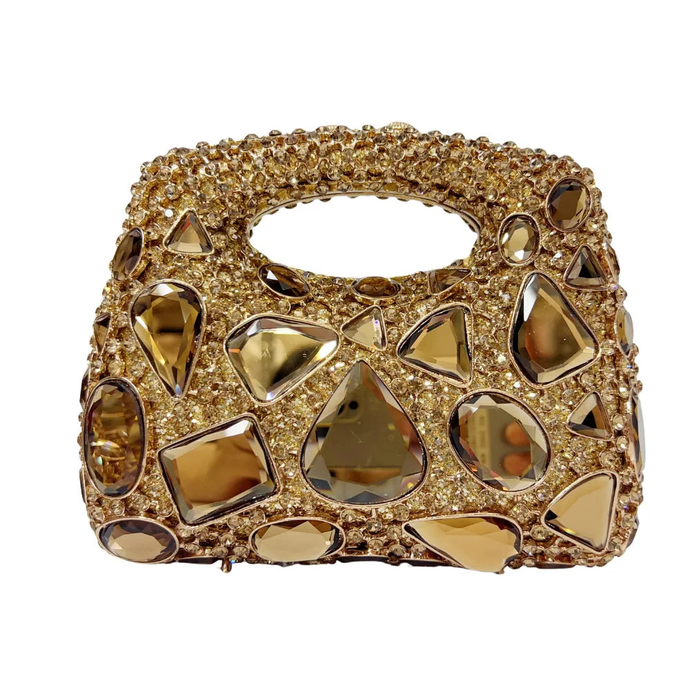 Elegant women's gold metallic crystal minaudiere clutch purse, perfect for parties and special occasions.